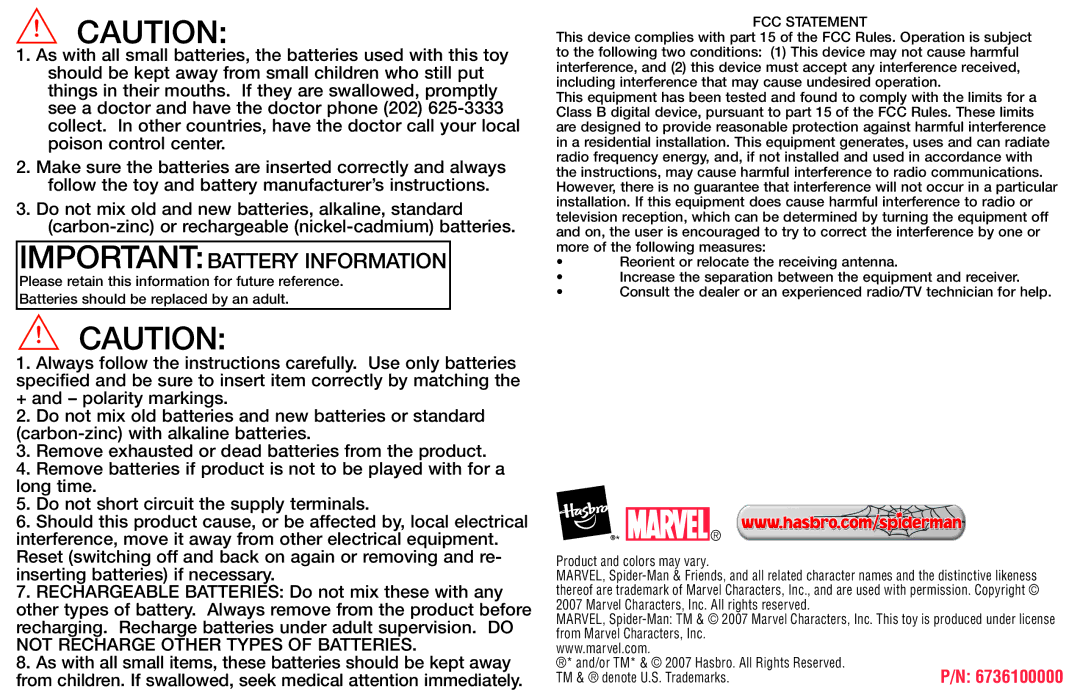 Hasbro 66388/66387 manual Importantbattery Information, FCC Statement 