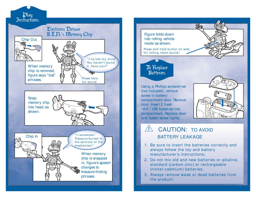 Hasbro 6641 manual Play Instructions, Electronic Deluxe N.’s Memory Chip, To Replace Batteries, Battery Leakage 