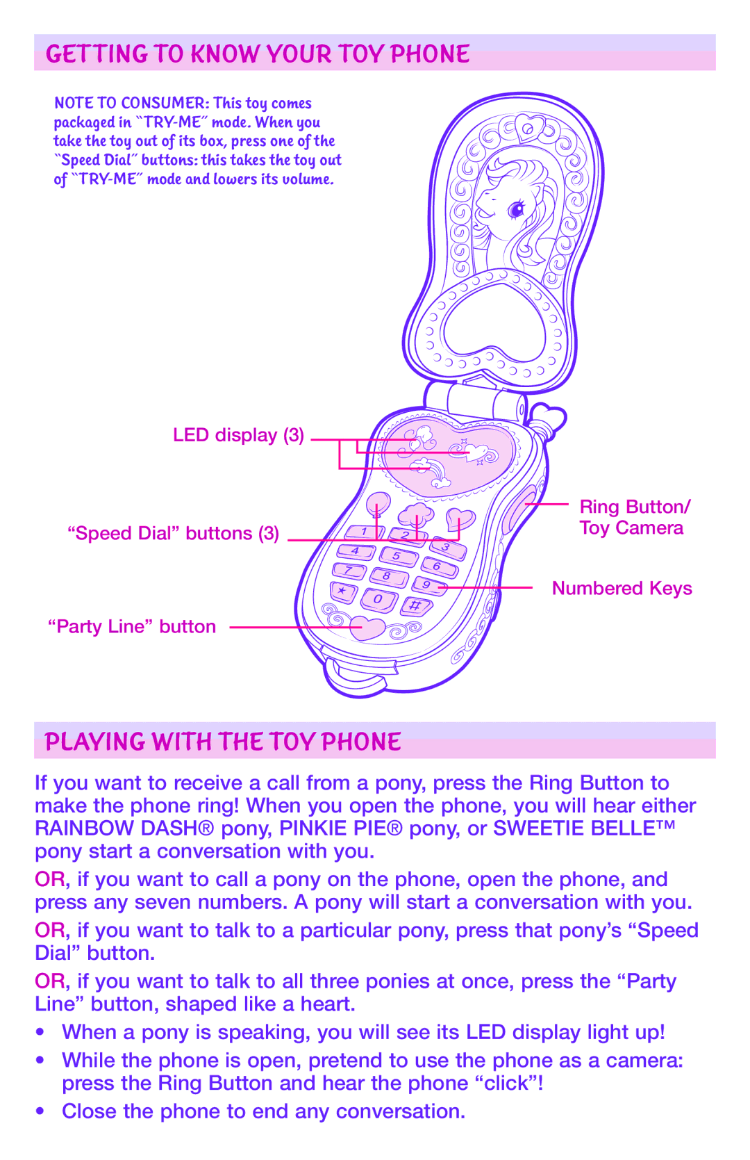 Hasbro 6735270000, 63599 manual Getting to Know Your TOY Phone, Playing with the TOY Phone 