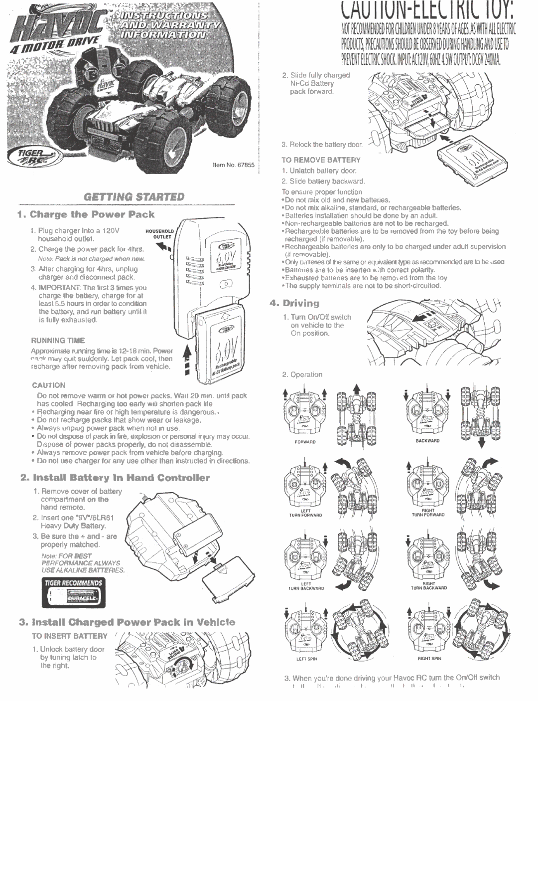 Hasbro 67865 manual Gewino Started, Charge the Power Pack, Driving, Install Battery In Hand Controller 