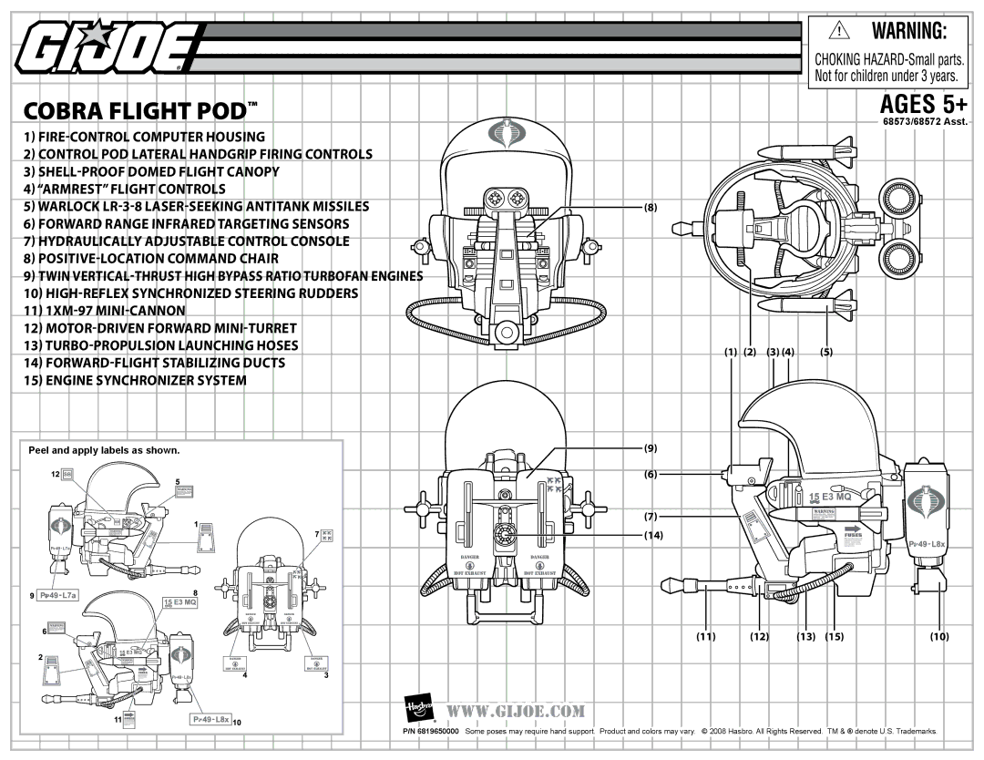 Hasbro 6819650000 manual Cobra Flight POD, Ages 5+, Peel and apply labels as shown, 68573/68572 Asst 