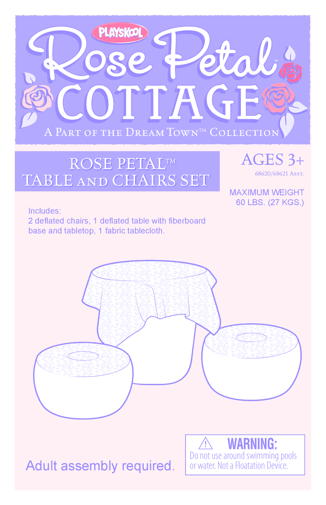 Hasbro 68620/68621 manual Rose Petal, Table and Chairs SET, Ages 3+, Adult assembly required 