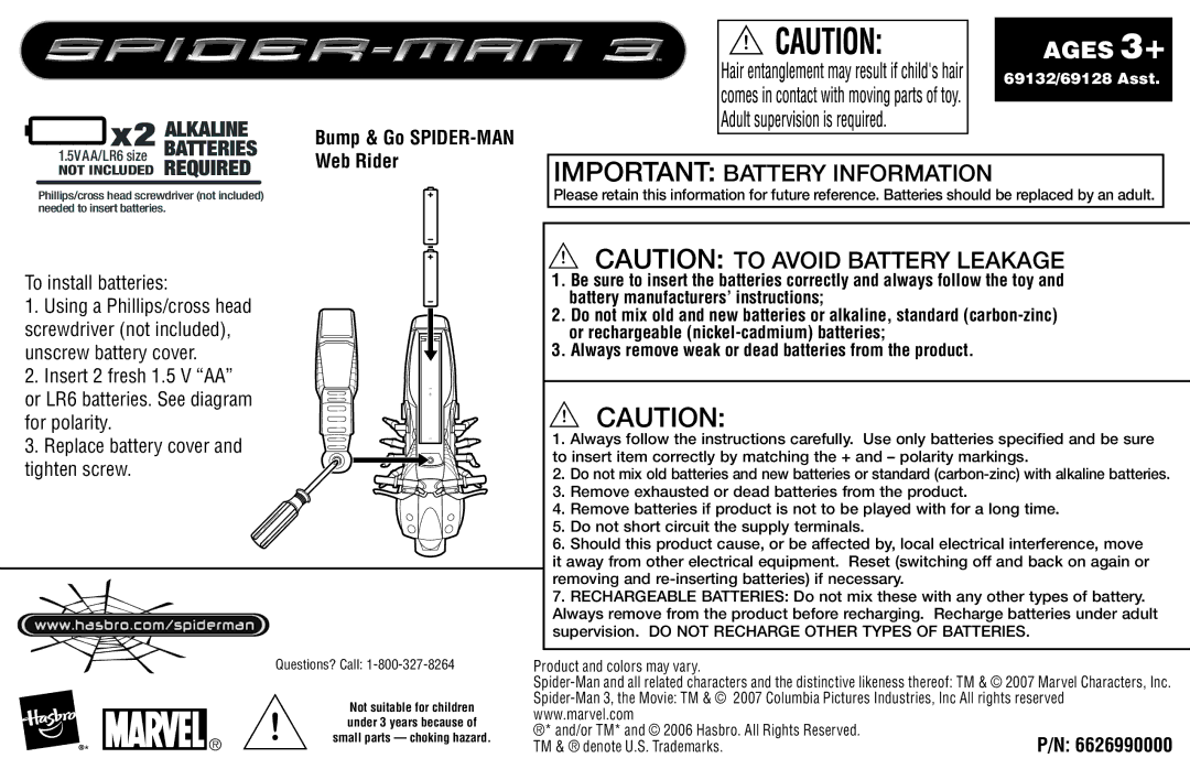 Hasbro 69132 manual Ages 3+, Important Battery Information, X2 Alkaline 