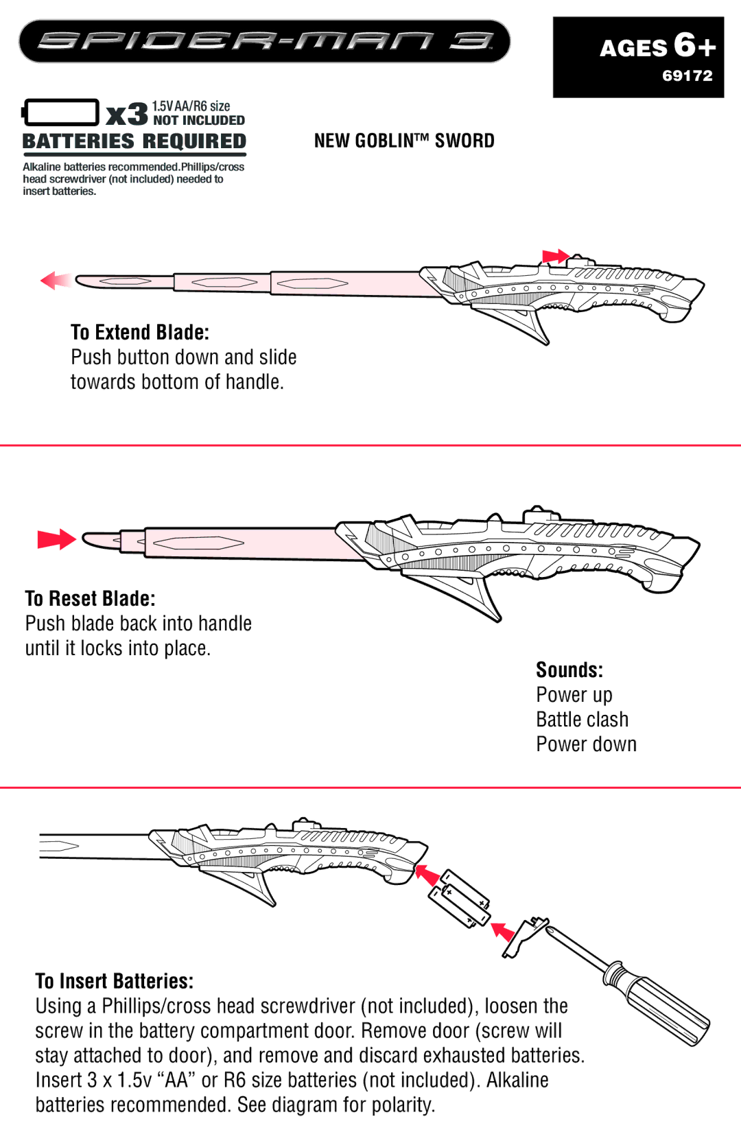 Hasbro 69172 manual Ages 6+, Batteries Required, To Extend Blade, To Reset Blade, NEW Goblin Sword 