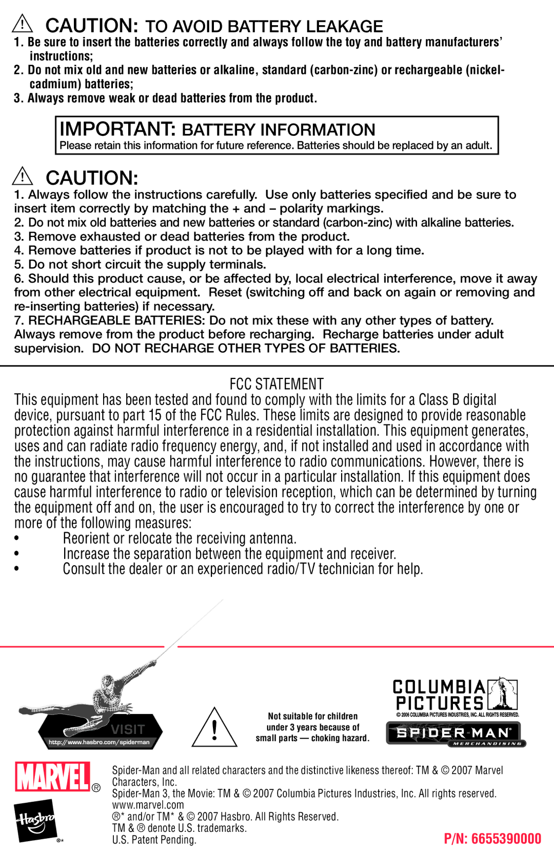 Hasbro 69172 manual Important Battery Information, FCC Statement 