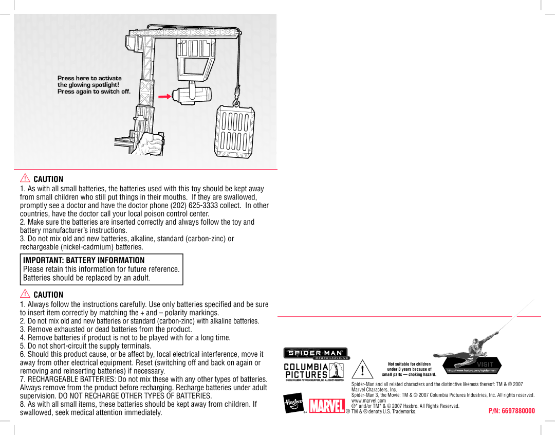 Hasbro 69173 manual Important Battery Information 