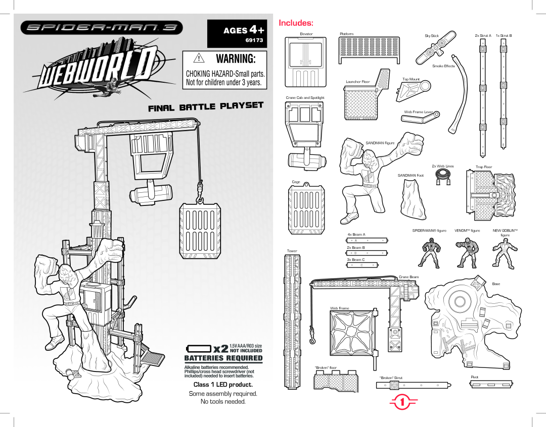 Hasbro 69173 manual Includes, AGES 4+, Batteries Required, Class 1 LED product, Some assembly required No tools needed 