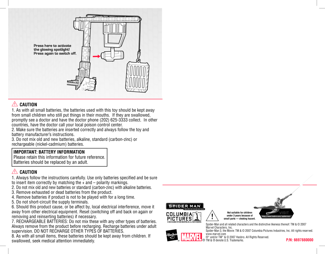 Hasbro 69173 manual Important Battery Information, Please retain this information for future reference 