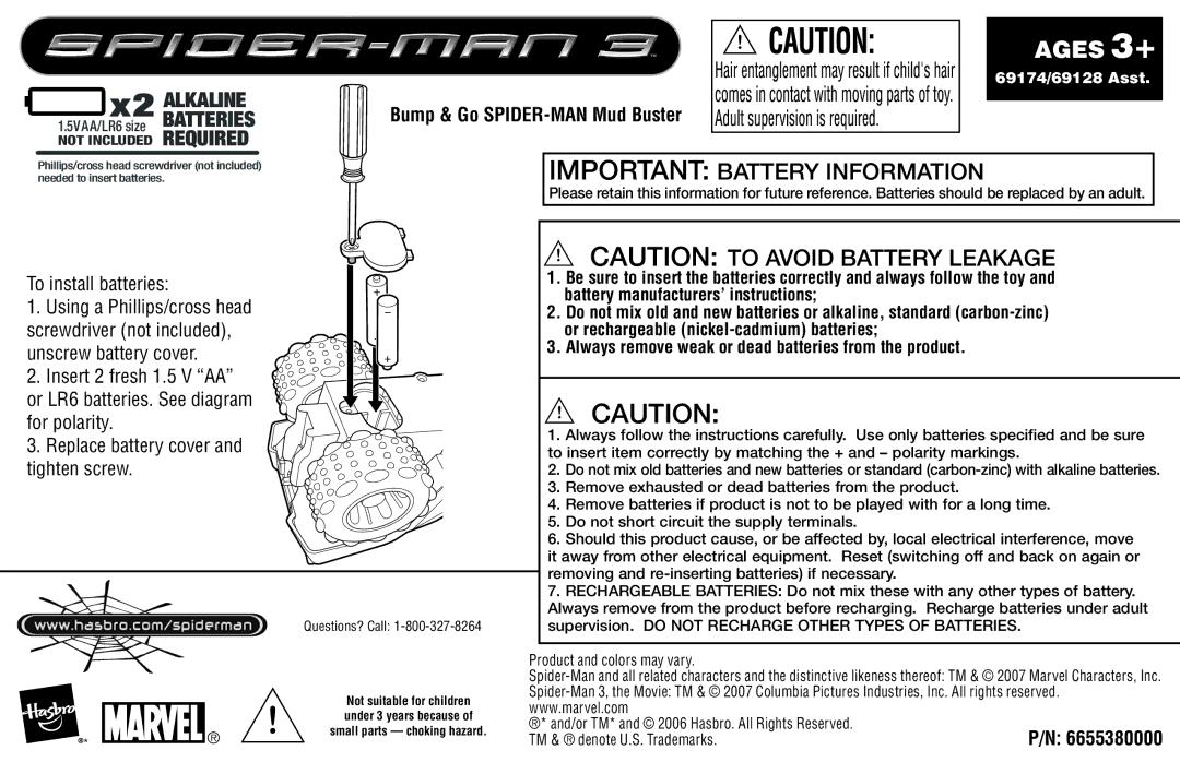 Hasbro 69174 manual Ages 3+, Important Battery Information 