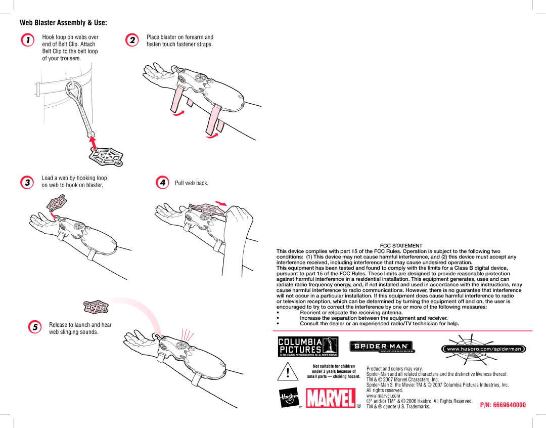 Hasbro 69207, 6669640000 manual Web Blaster Assembly & Use, On web to hook on blaster 