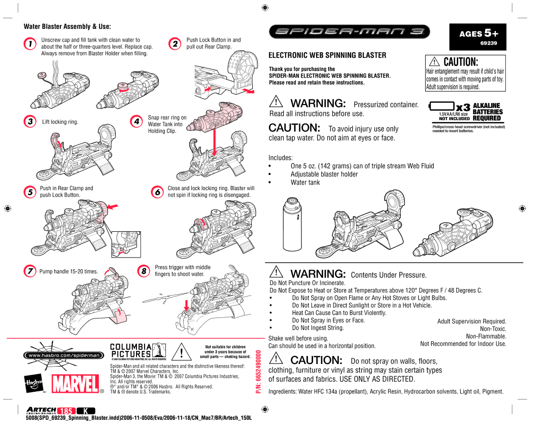 Hasbro 69239 manual 185, Read all instructions before use, Clean tap water. Do not aim at eyes or face 