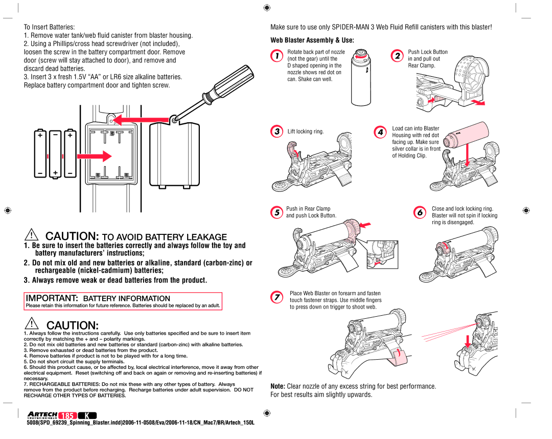 Hasbro 69239 manual 185 K, Web Blaster Assembly & Use 