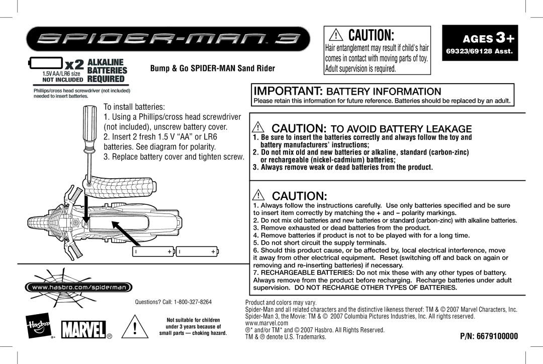 Hasbro 69323/69128 manual Ages 3+, Important Battery Information, 5V AA/LR6 size Batteries Bump & Go SPIDER-MAN Sand Rider 