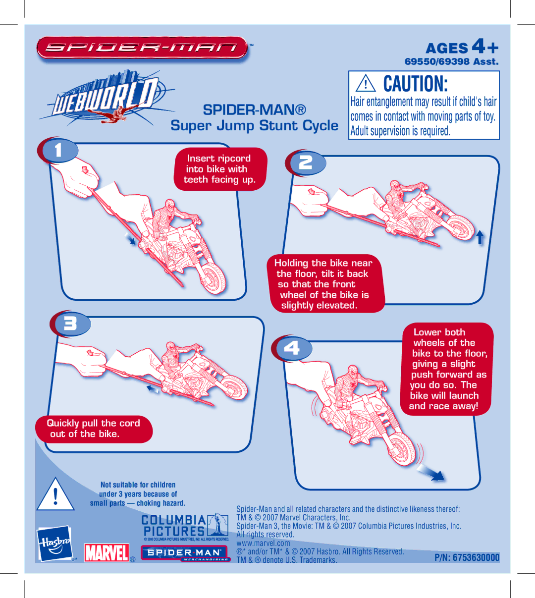 Hasbro 69550/69398 manual Ages 4+, Spider-Man, Super Jump Stunt Cycle 