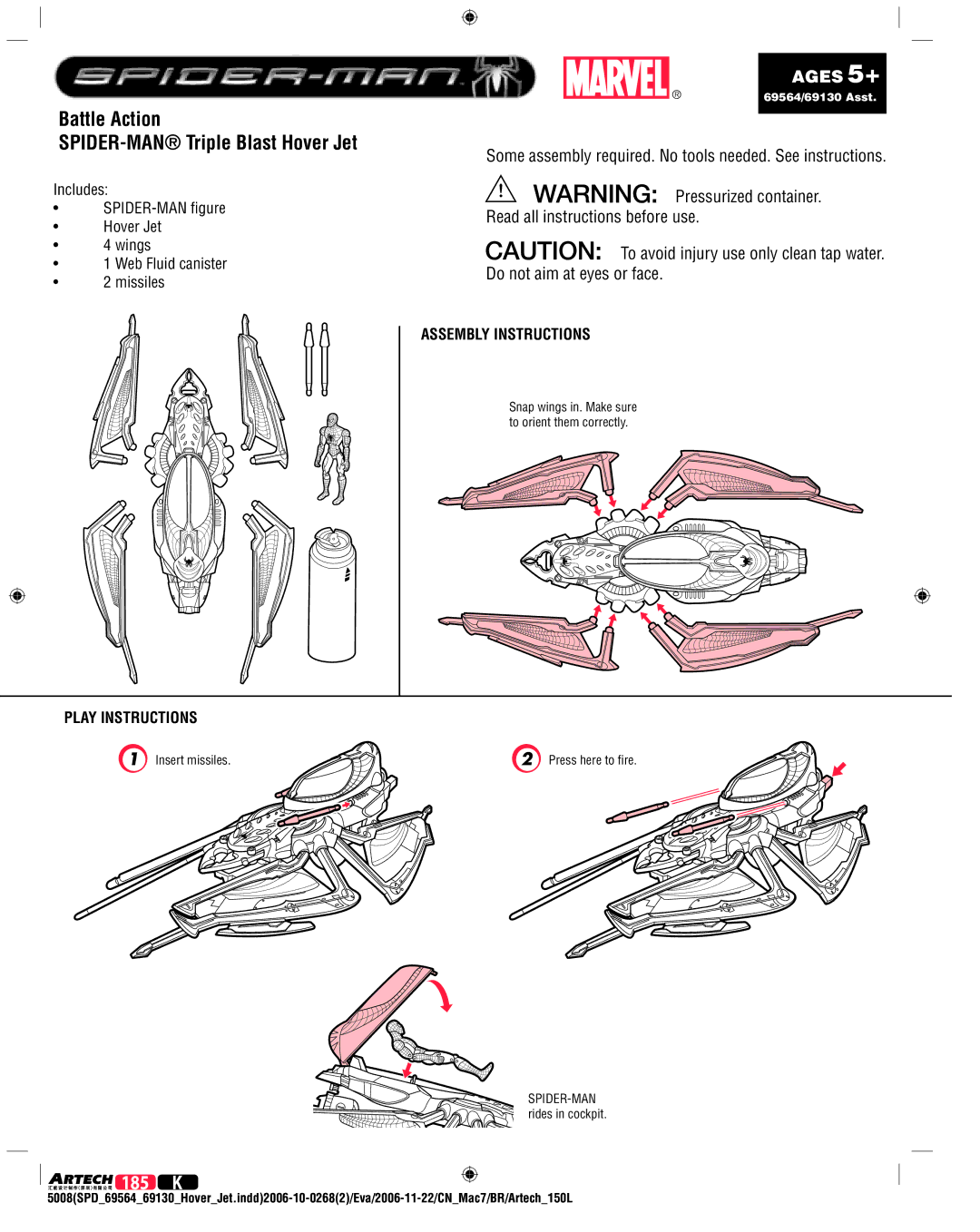 Hasbro 69564/69130 manual Battle Action SPIDER-MAN Triple Blast Hover Jet, 185 K, Ages 5+ 