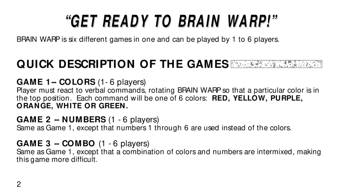 Hasbro 7-579 manual GET Ready to Brain Warp, Quick Description of the Games 