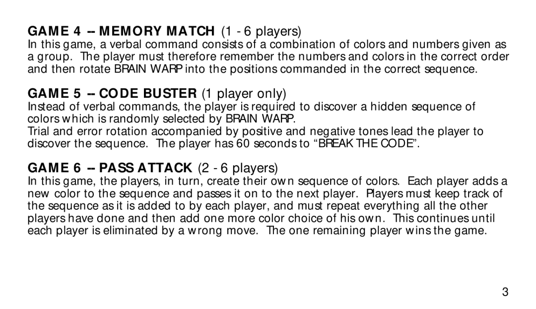 Hasbro 7-579 manual Game 4 -- Memory Match 1 6 players 