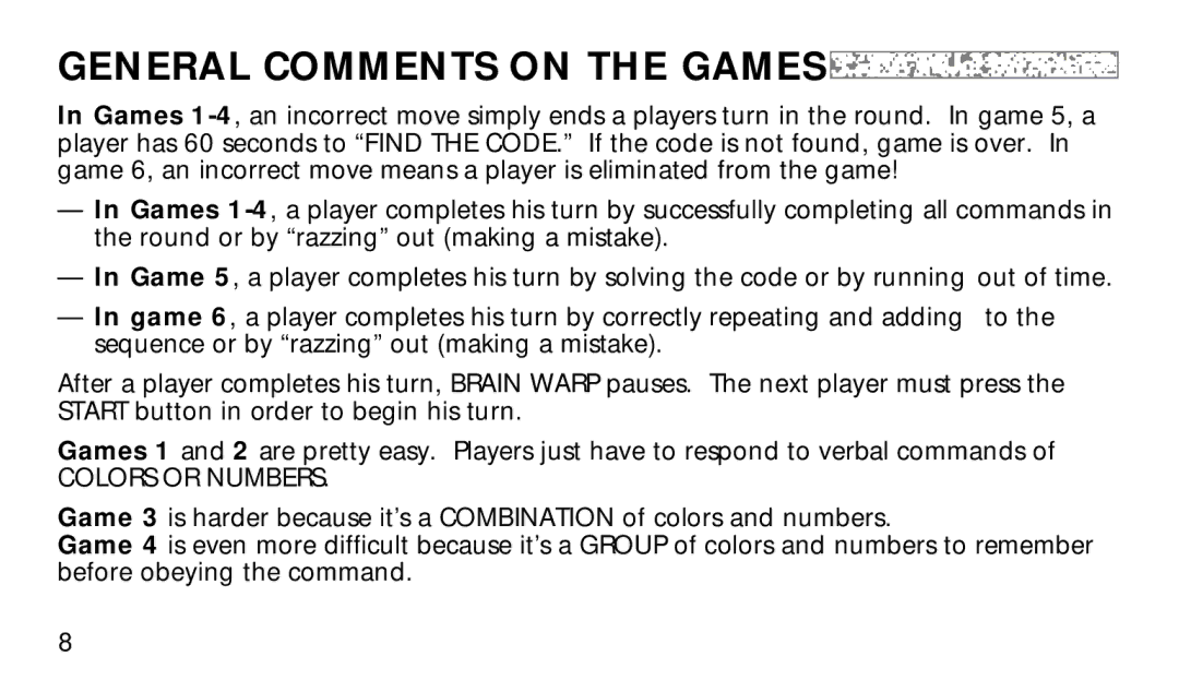 Hasbro 7-579 manual General Comments on the Games, Colors or Numbers 