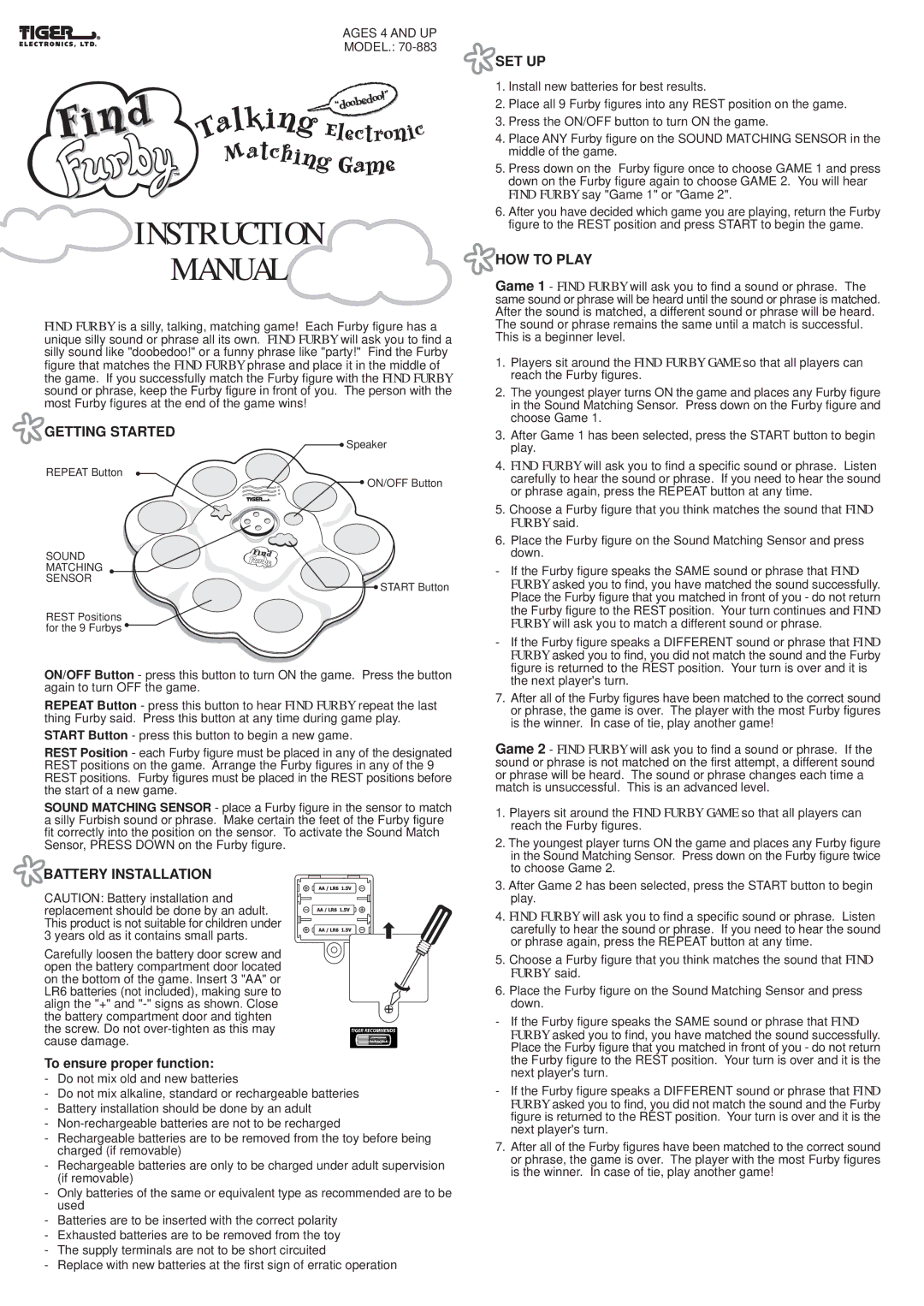 Hasbro 70-883 instruction manual Instruction Manual, Getting Started, Battery Installation, Set Up, HOW to Play 