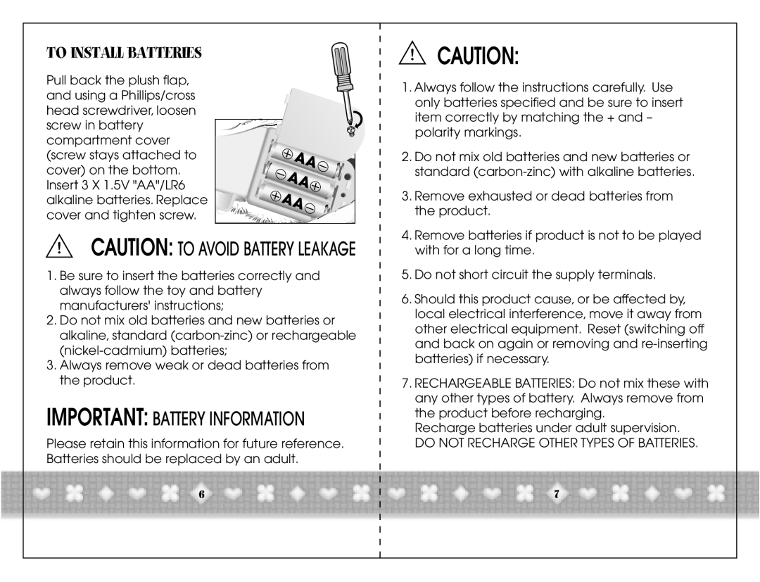 Hasbro 70079/70077 instruction manual To Install Batteries, Important Battery Information, Caution To Avoid Battery Leakage 