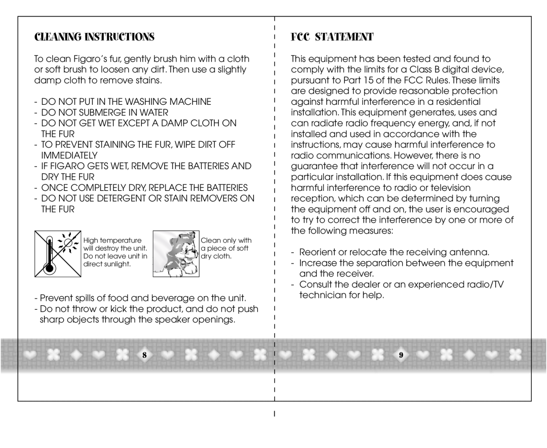 Hasbro 70079/70077 instruction manual Cleaning Instructions, Fcc Statement 