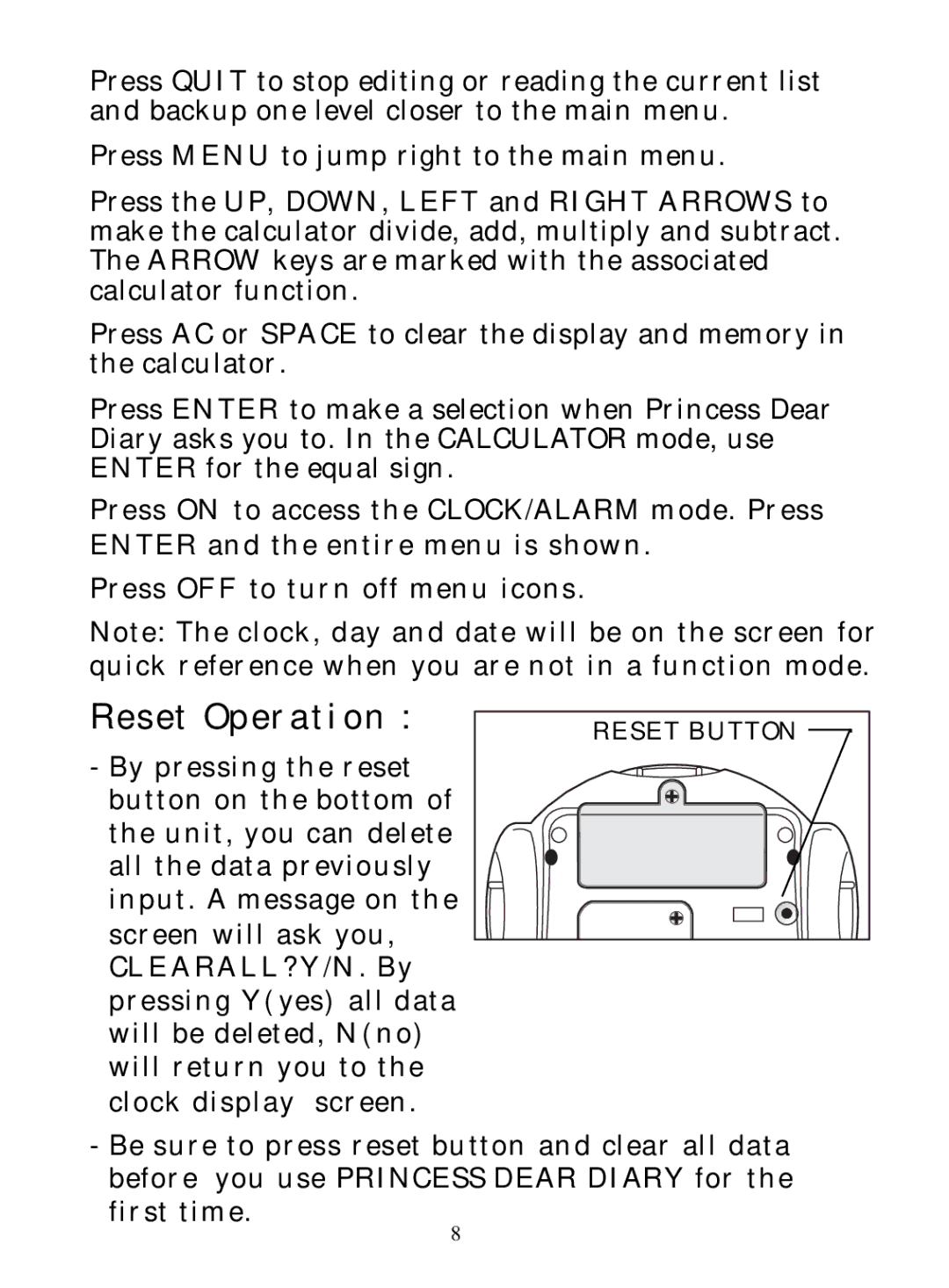 Hasbro 71-554 warranty Reset Operation 