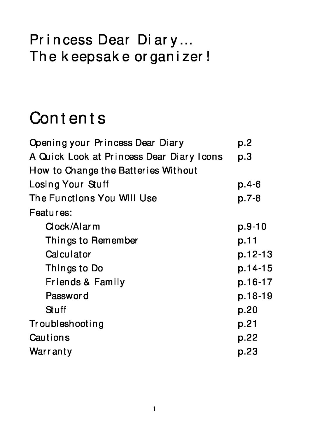 Hasbro 71-554 warranty Contents, Princess Dear Diary The keepsake organizer 