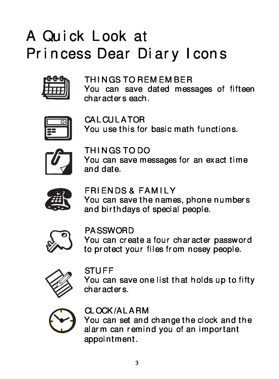 Hasbro 71-554 A Quick Look at Princess Dear Diary Icons, Things To Remember, Calculator, Things To Do, Friends & Family 