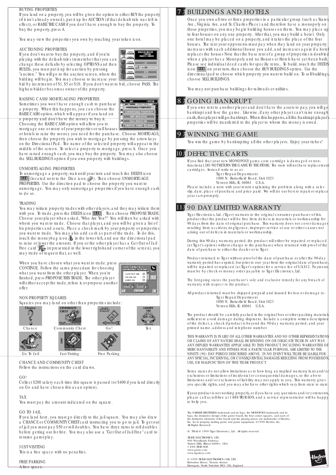 Hasbro 71-752 manual Buildings and Hotels, Going Bankrupt, Winning the Game, Defective Carts, 11 90 DAY Limited Warranty 