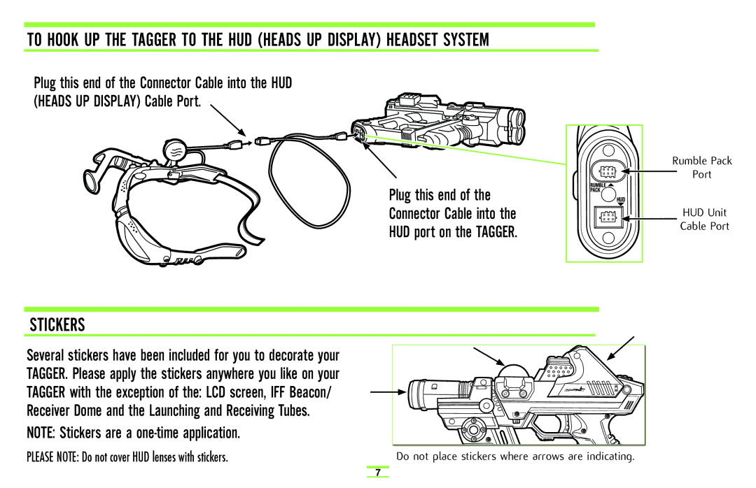 Hasbro 71094 manual Stickers, Plug this end Connector Cable into HUD port on the Tagger 