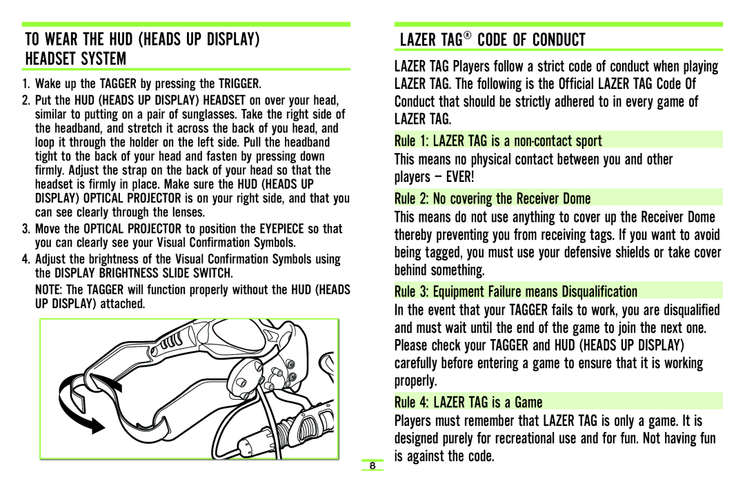 Hasbro 71970 manual Headset System, Lazer TAG Code of Conduct 