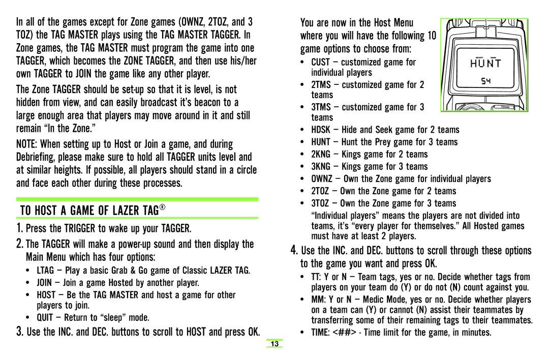 Hasbro 71970 manual To Host a Game of Lazer TAG, Game options to choose from 