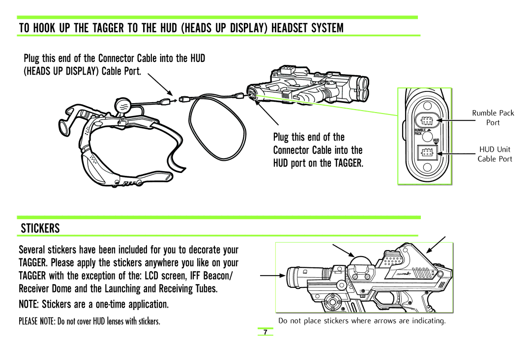 Hasbro 71970 manual Stickers, Plug this end Connector Cable into HUD port on the Tagger 