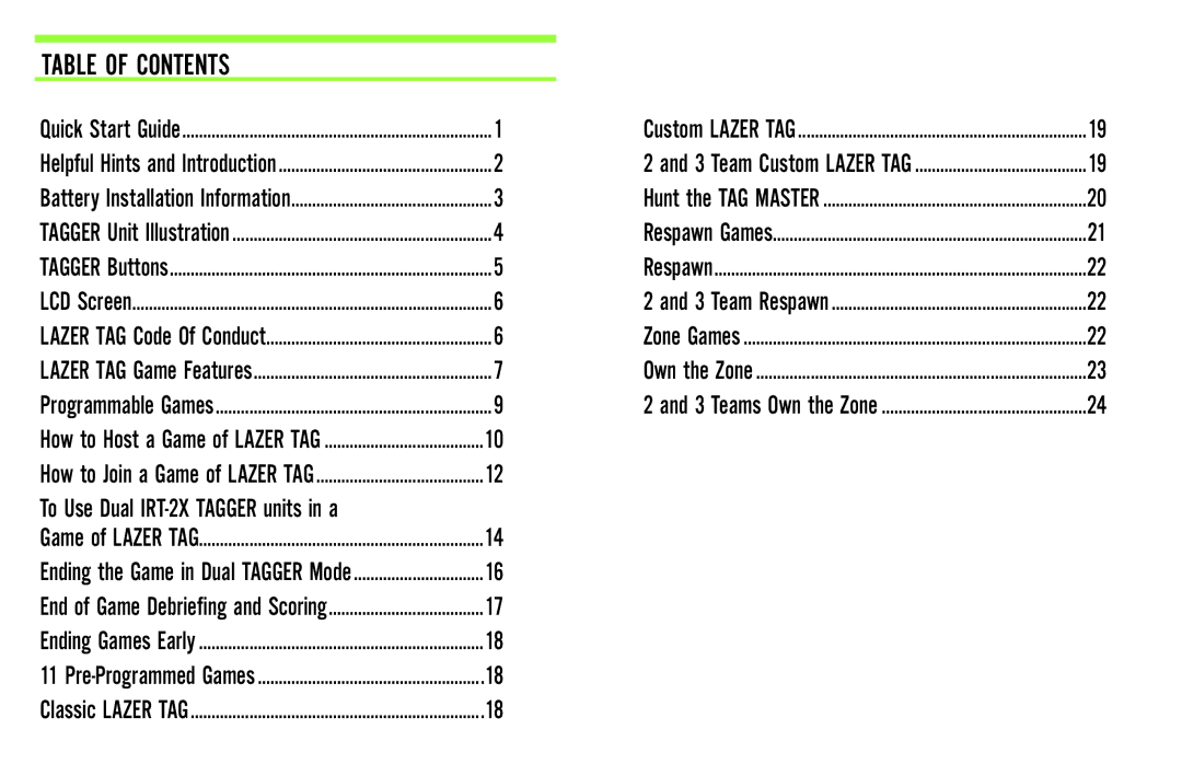 Hasbro 71985 manual Table of Contents 