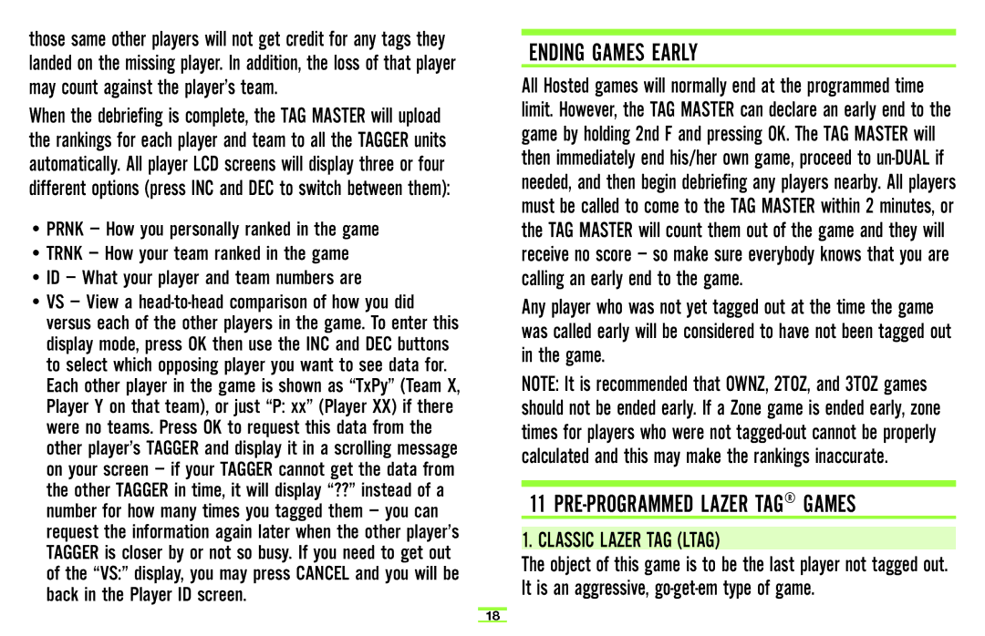 Hasbro 71985 manual Ending Games Early, Classic Lazer TAG Ltag 