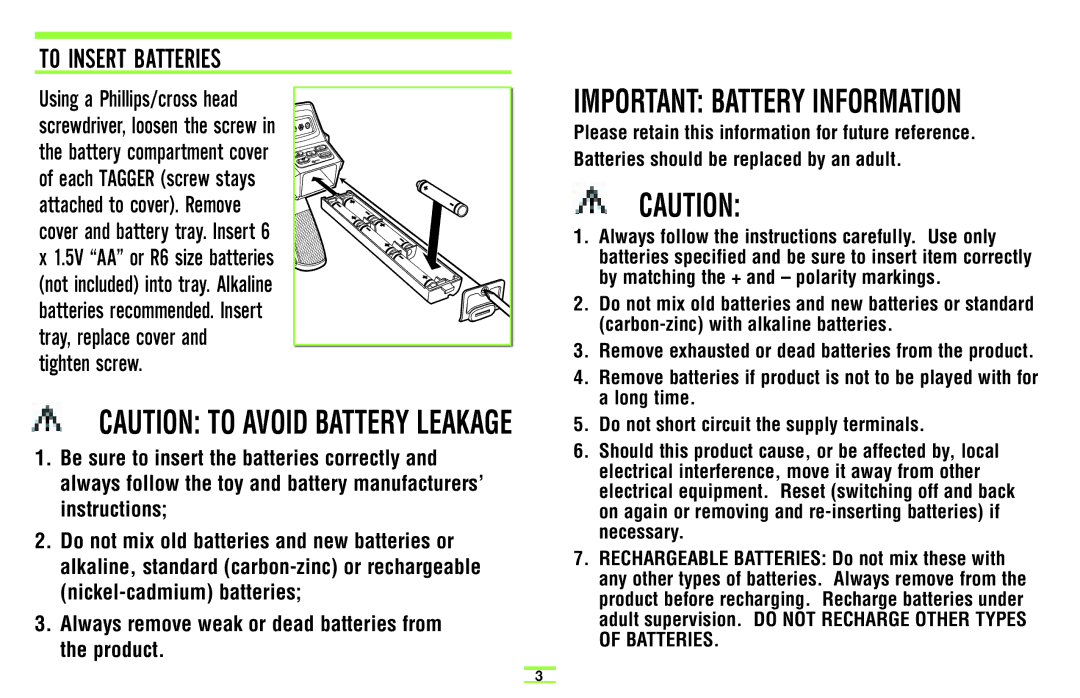 Hasbro 71985 manual To Insert Batteries, Important Battery Information 