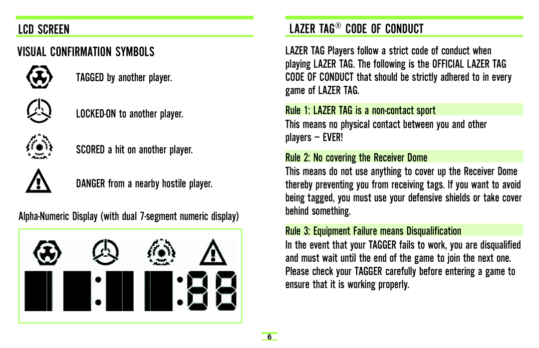 Hasbro 71985 LCD Screen Visual Confirmation Symbols, Lazer TAG Code of Conduct, Rule 1 Lazer TAG is a non-contact sport 