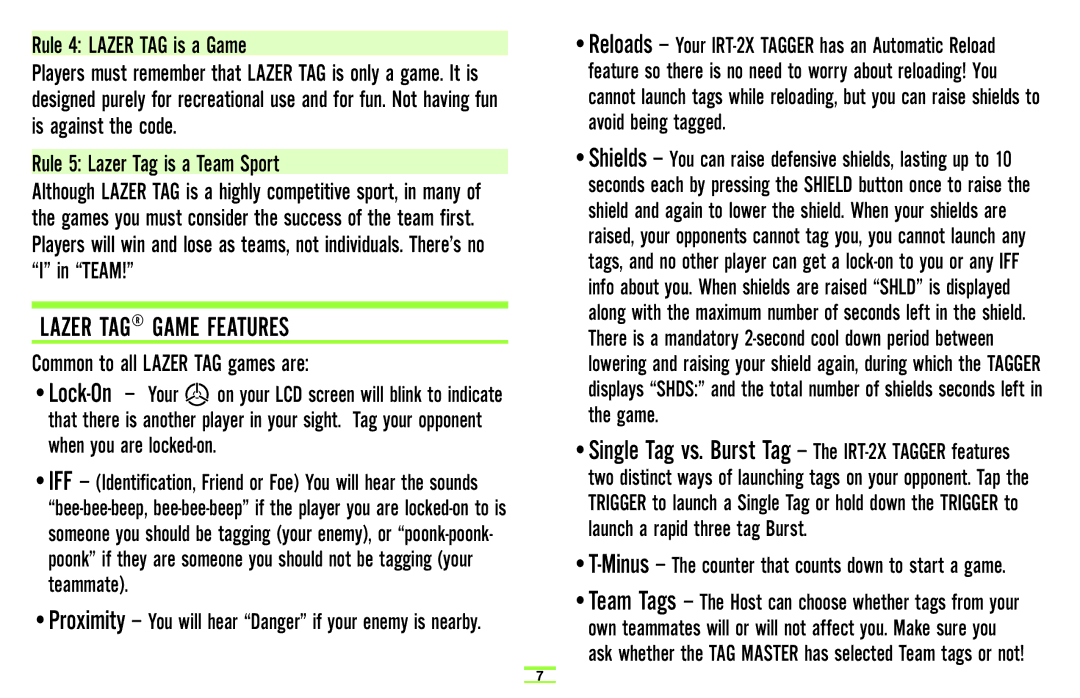 Hasbro 71985 manual Lazer TAG Game Features, Rule 4 Lazer TAG is a Game, Rule 5 Lazer Tag is a Team Sport 