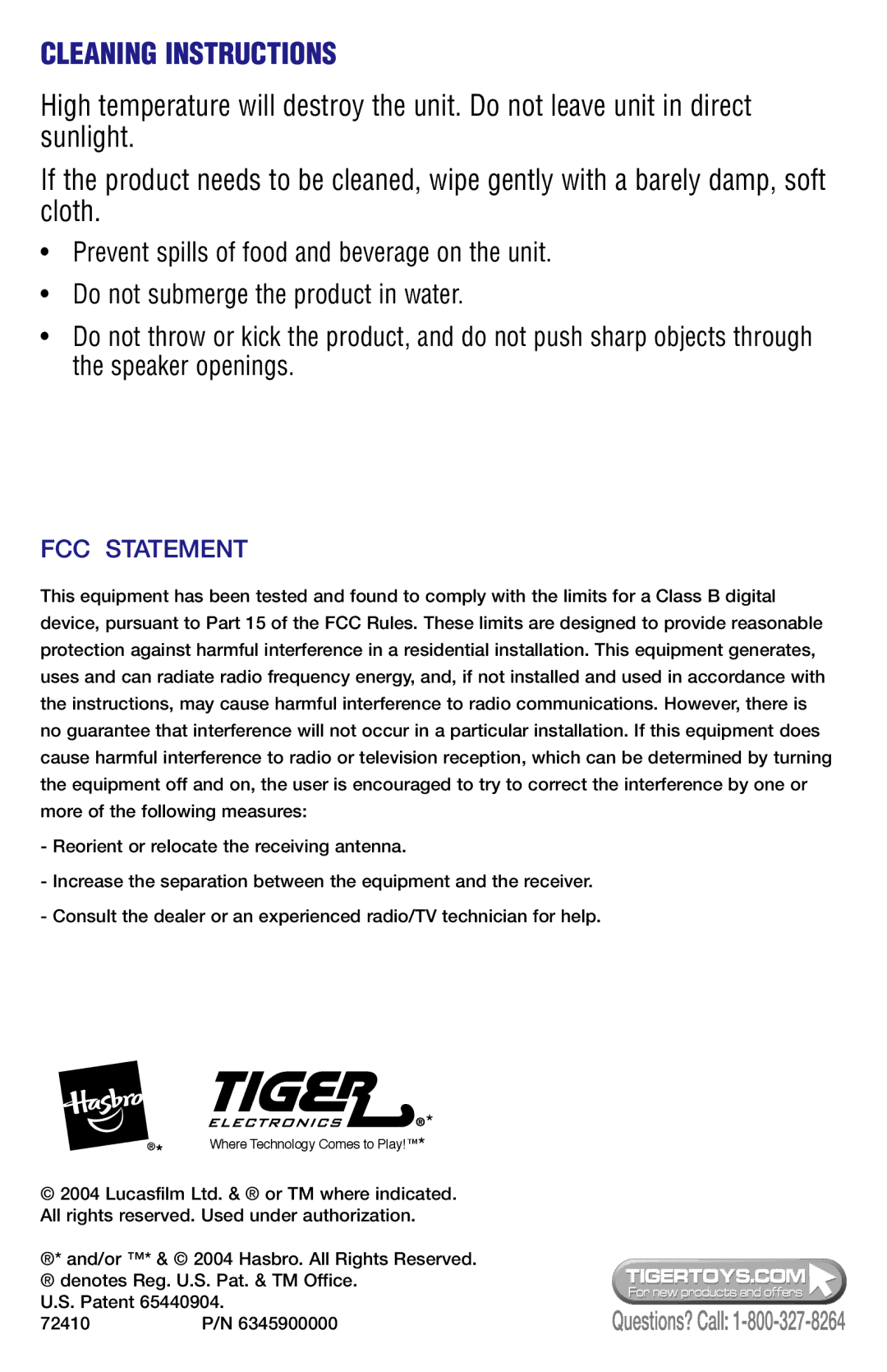 Hasbro 72410 manual Cleaning Instructions, FCC Statement 