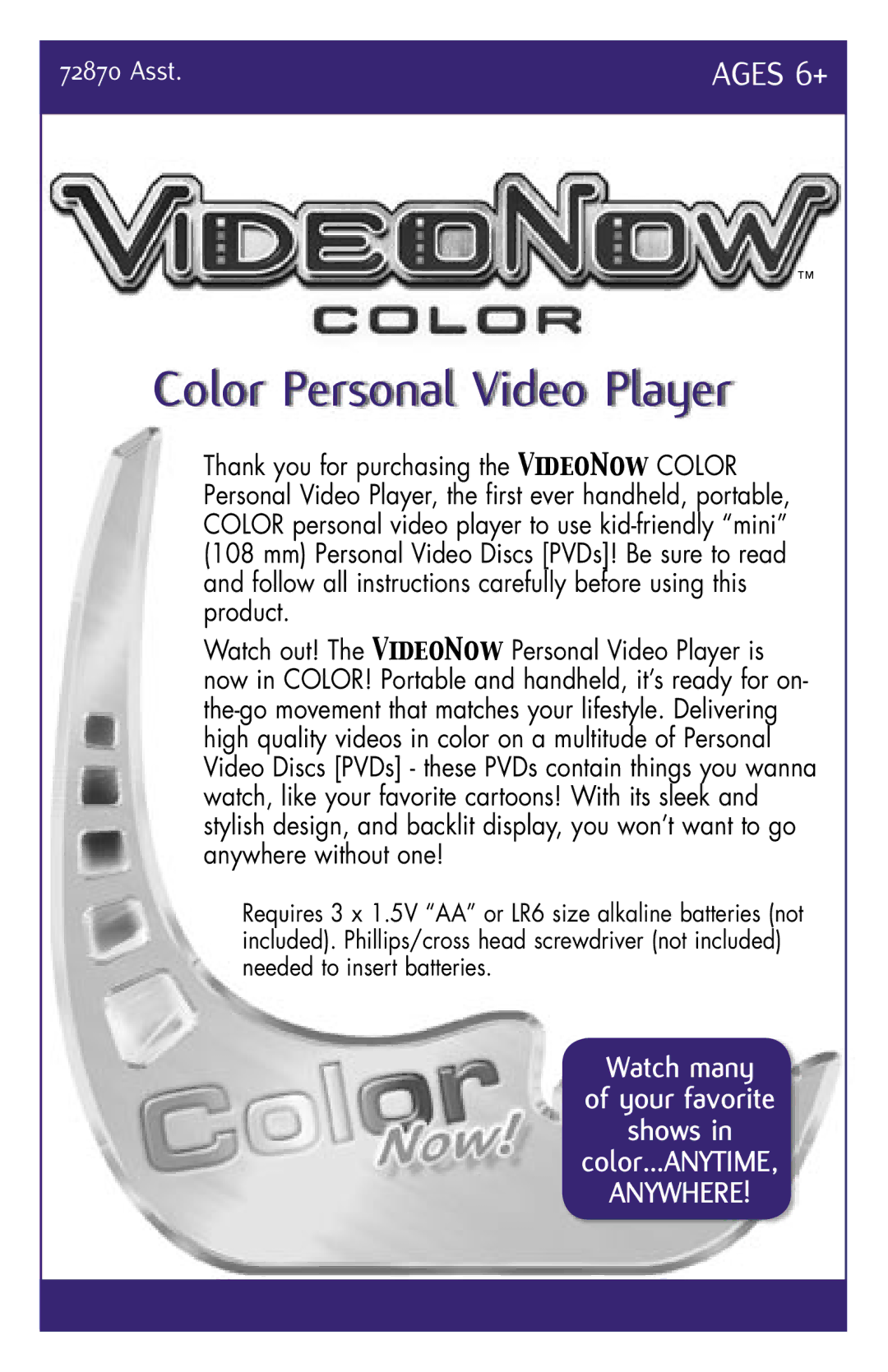 Hasbro 72870 manual Color Personal Video Player 