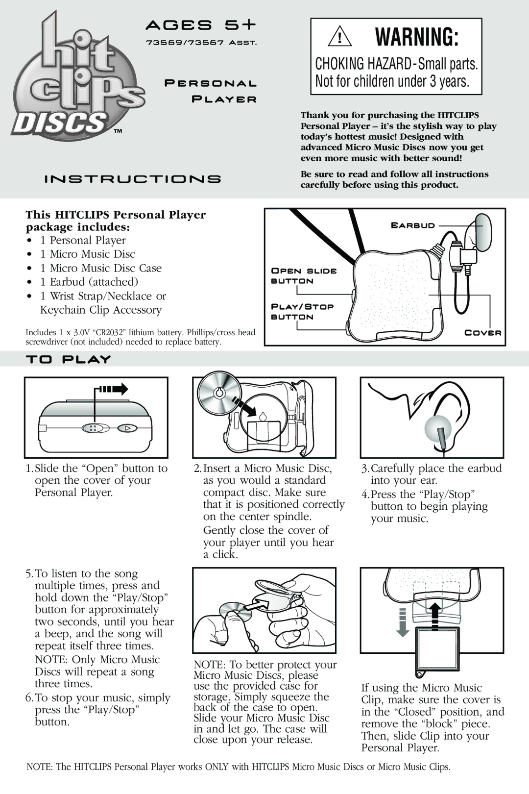 Hasbro 73569/73567 manual Ages 5+, Instructions, To Play, This Hitclips Personal Player package includes 