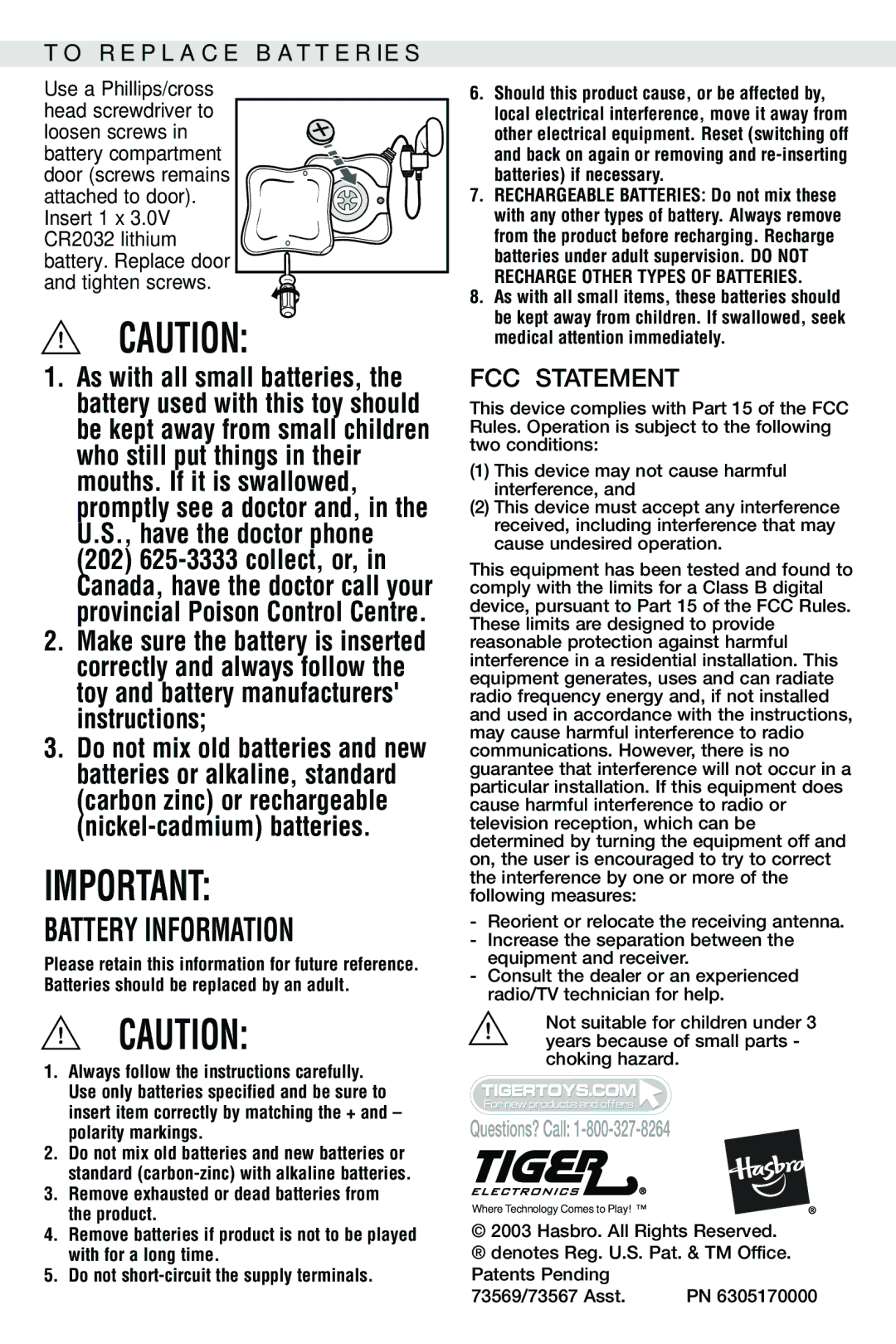 Hasbro 73569/73567 manual Battery Information, FCC Statement, To Replace Batteries 