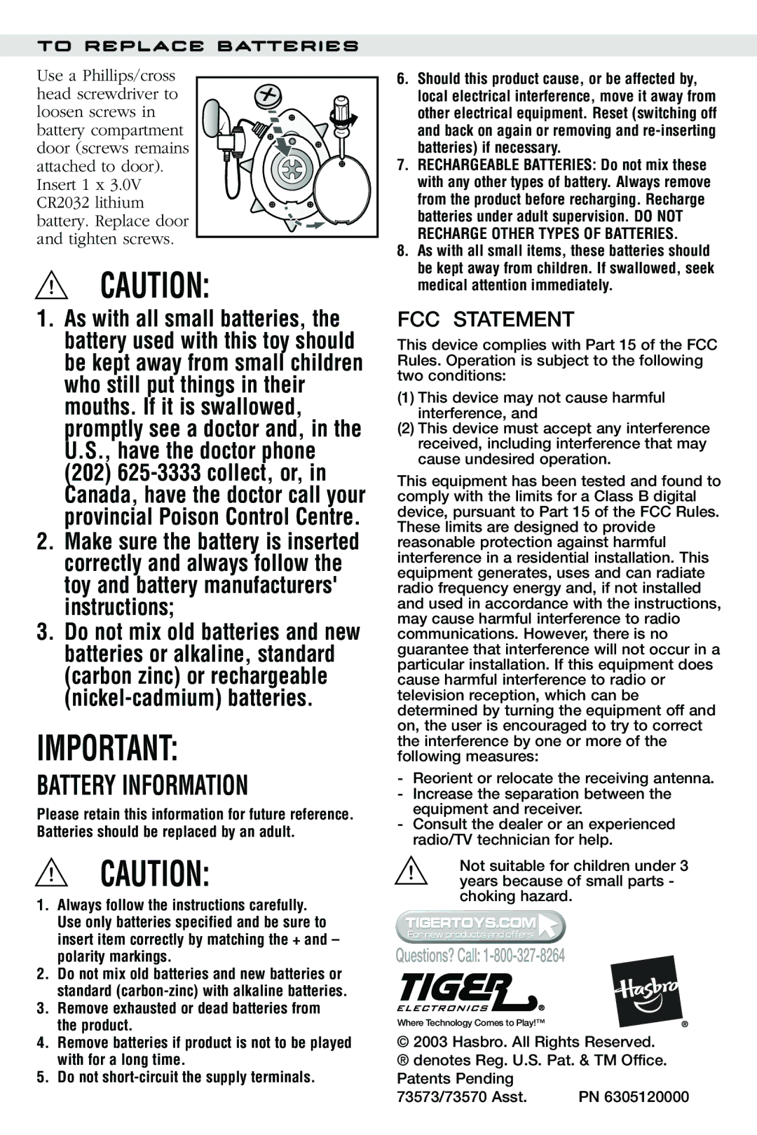 Hasbro 73573/73570 manual Battery Information, FCC Statement, To Replace Batteries 