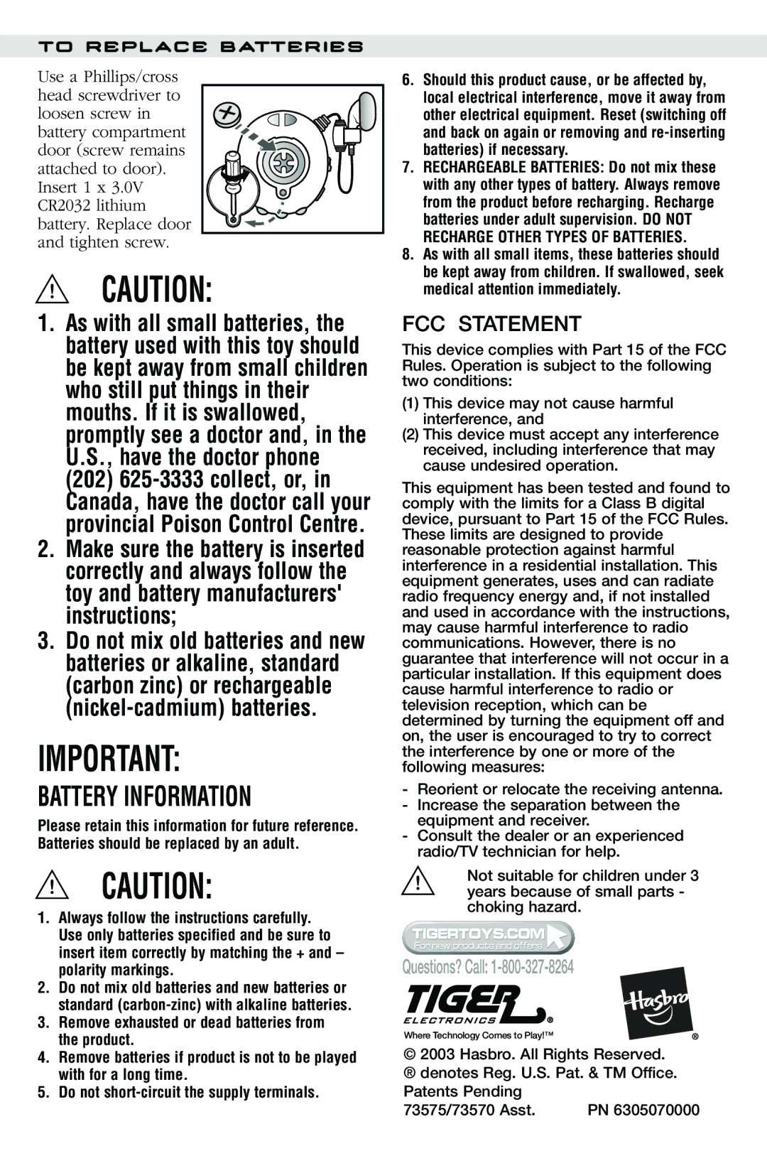 Hasbro 73575/73570 manual Battery Information, FCC Statement, To Replace Batteries 