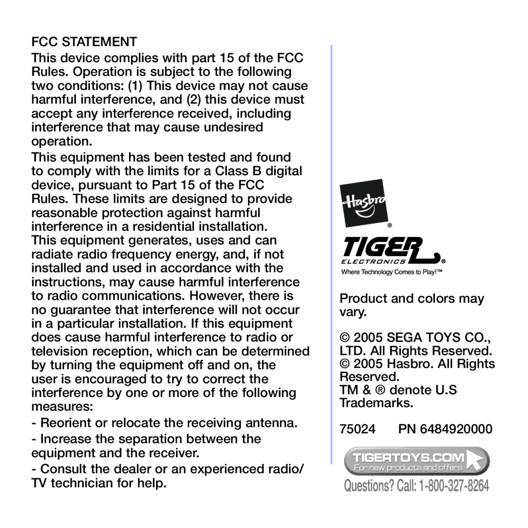 Hasbro 75024 manual FCC Statement 