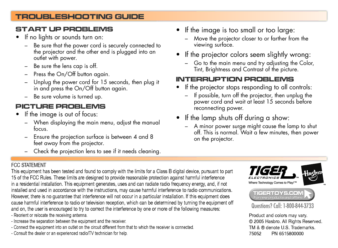 Hasbro 75052 manual Troubleshooting Guide 