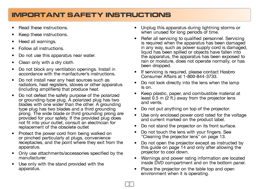 Hasbro 75052 manual Important Safety Instructions 
