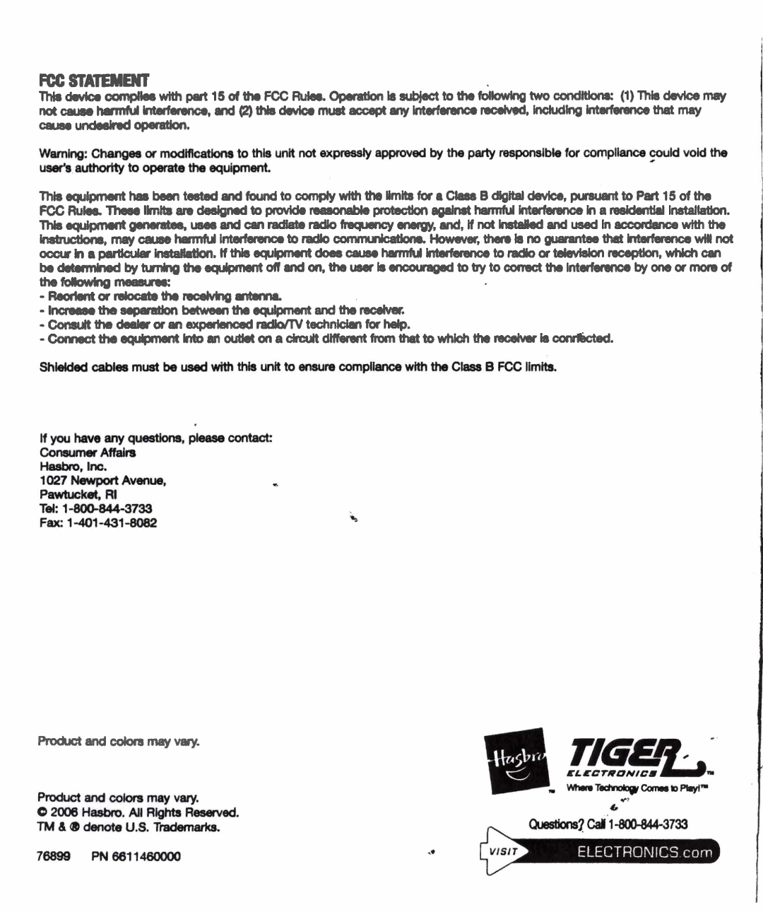 Hasbro 76899 manual FCC Statement 