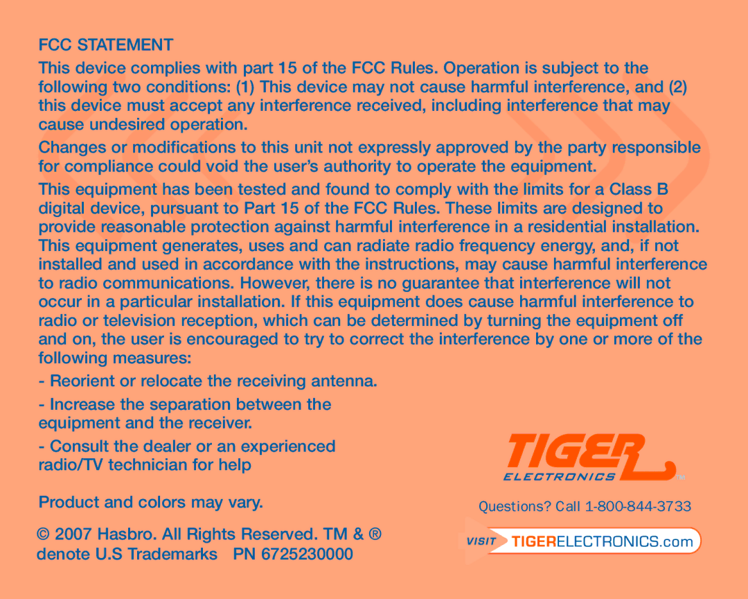 Hasbro 77313 user manual FCC Statement 