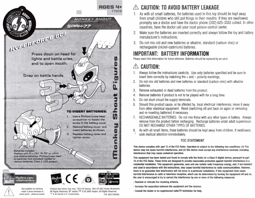 Hasbro 77628 manual Important Battery INF, Ages r+, Do not Rechargeother Types of Batteries, FCC Statement 